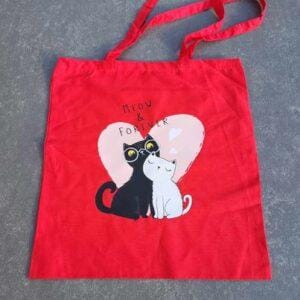 Schoudertas rood - zwart en wit katje met roze hart