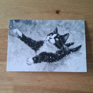 Gevouwen kerstkaart - zwartwitte kat in de sneeuw 4