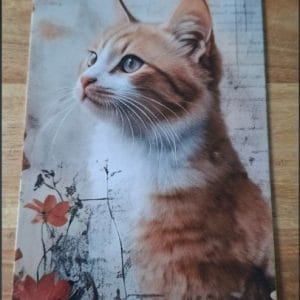 wenskaart enkel-  roodwitte kat met bloemen links