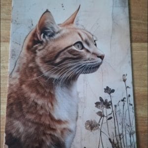 wenskaart enkel-  roodwitte kat fijne bloemen rechts