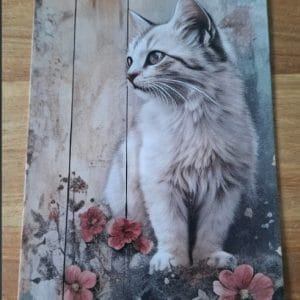wenskaart enkel-  witte kat bloemen onder
