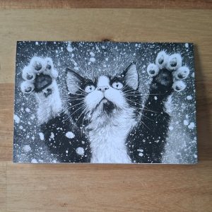 Gevouwen kerstkaart - zwartwitte kat in de sneeuw 2